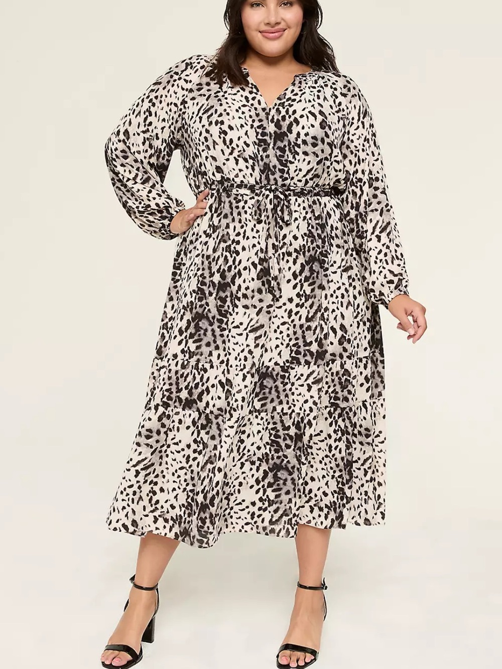 NWT Lane Bryant Black and White Leopard-Print Tie-Waist Long Sleeve Dress